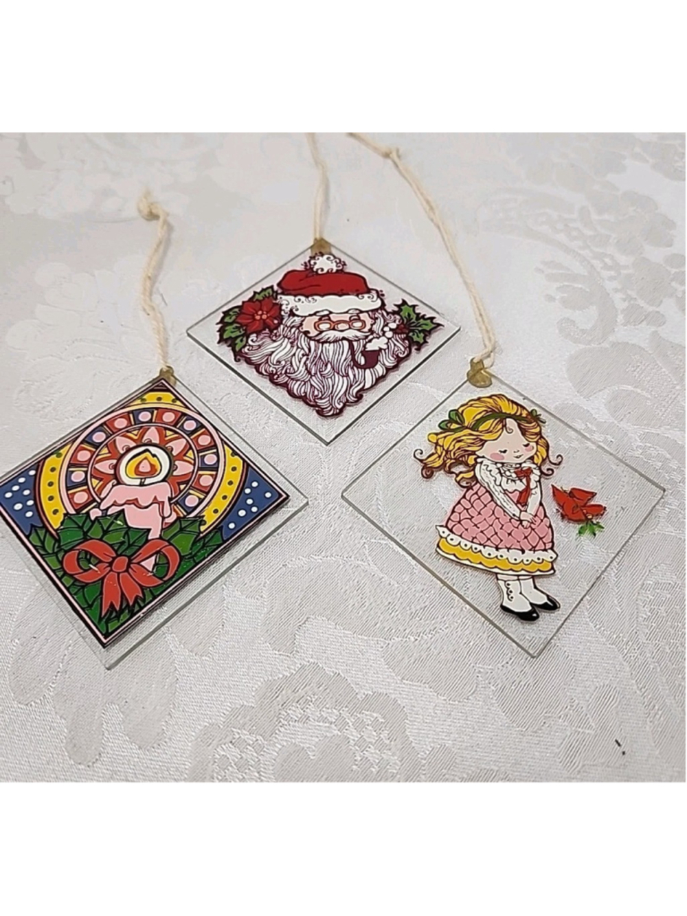 Vintage Painted Glass Christmas Ornaments Set 3 Diamond Suncatcher Style Retro
